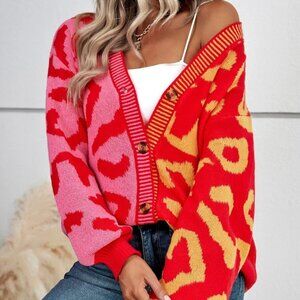 Multicolor Casual Womens Graphic Pattern Colorblock Drop Shoulder Cardigan
